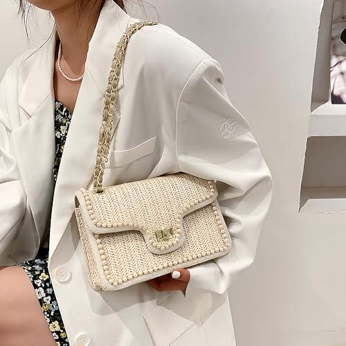 Straw Crossbody Bag for Women, Cute Woven Shoulder Bag with Pearl Trim Small Cross Body Purse Handbag Spring Summer Trendy4