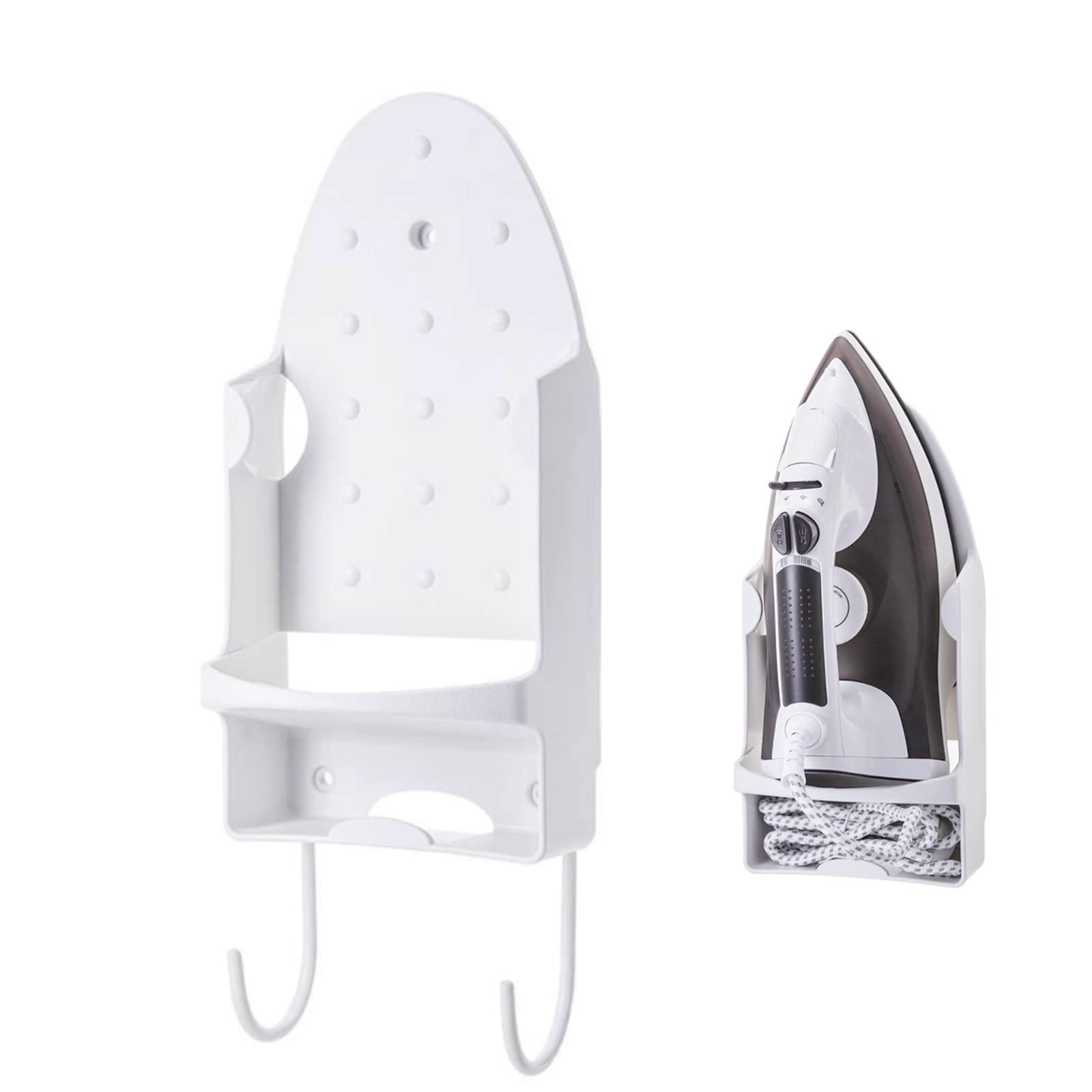 Ironing Board Hanger, Wall Mount Electric Iron Holder Ironing Board Rack with Removable Hooks for Household Bathroom Shelf Door or Wall Mount in Laundry Room (White)