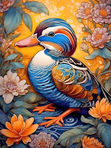 Peinture Diamant Adulte canard mandarin et fleur, kit complet DIY broderie 5D grand format 90x120cm