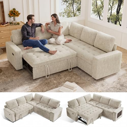 Image of Vipbear 85 Inch Modular Sectional Sofa with Pull Out Bed, Chenille L Shaped Sectional Sofa with USB Ports /Reclining Backrest /Storage Seats, Tool-Free Assembly, Sofa Couch for Living Room Begie