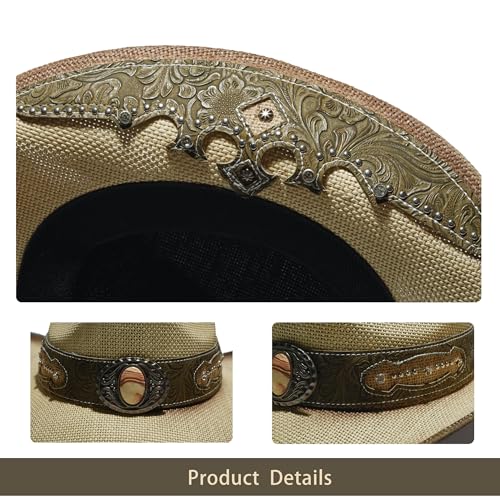 Image of YOUBADU Western Straw Cowboy and Cowgirl Hats with Decorative Bands - Unisex Wide Brim Raffia Style Sun Hat