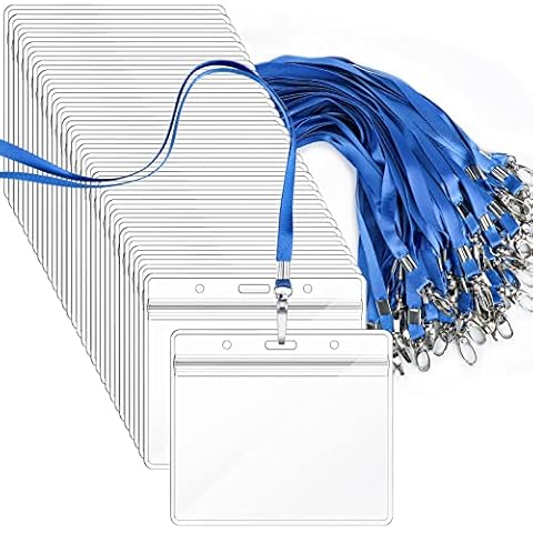 Segarty Lanyards with ID Holder, 50 Pack Horizontal Name Tags Badge Holders, Blue Strap Lanyards for ID Badges, Clear Waterproof Ziplock Plastic Badge Bulk for Business, Student, School, Office Cover