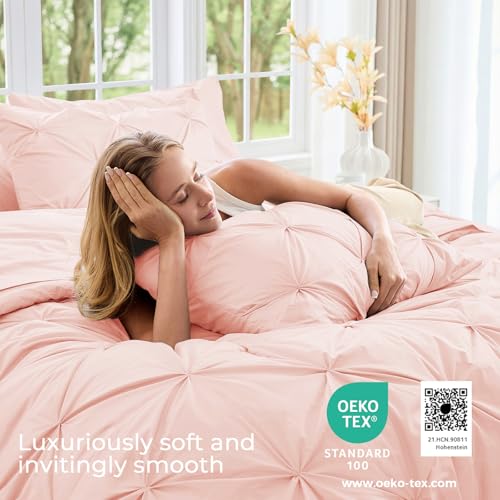 Image of Sasttie Full Size Comforter Set, 7-Piece Bed in a Bag, Pintuck Bedding Set for All Season, Includes Comforter, Flat Sheet, Fitted Sheet, Pillowcases and Pillowshams, Blush Pink