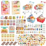 196Pcs Mini Shopping Cart Basket Trolley Grocery Game Model Miniature Drink Bottle Food Pizza with Box Supermarket Metal Handcart Toy Doll House Store Cosplay Pretend Kitchen Shelf Cash Register