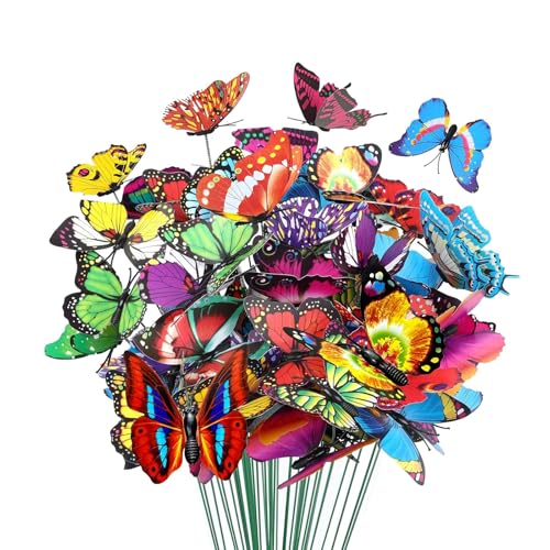 50 Pièces Ensemble de Piquets de Papillons, Ensemble de Piquets de Papillons de Jardin, Papillon à Double Aile pour L'extérieur Cour Patio Planteu Pot Fleur...