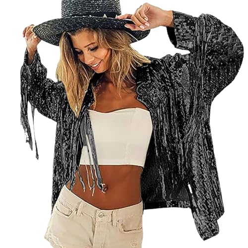 Chaqueta Lentejuelas Mujer Chaqueta de Manga Larga con Flecos Chaquetas Chaquetas con Cremallera Motero Diseño de Discoteca con Flecos (Black, One Size)