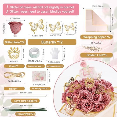 24 Stück Glitzer Rosenstrauß, DIY Künstliche Rosen Rosa – Bild 2