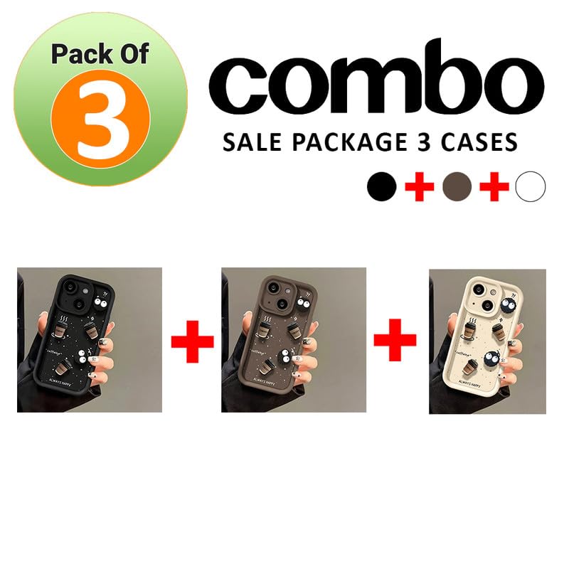 Image of Back Case Cover Compatible for iPhone 15 Plus | Pack of 3 Combo Black & Brown Case | Cute Fun Cartoon 3D Ball Coffee Silicone Case | Body Protection | Camera Protection | Shock Proof