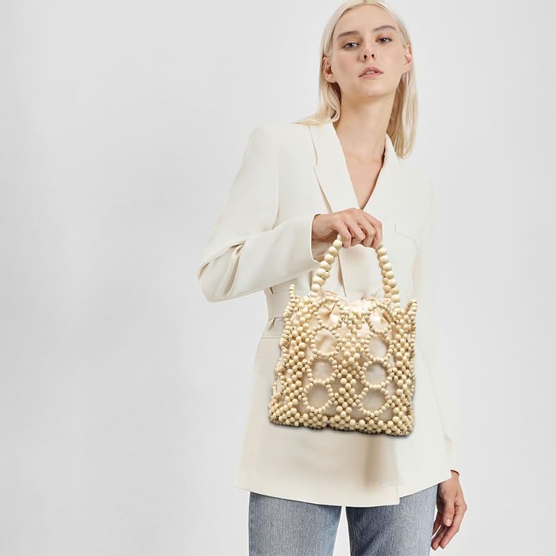 Image of YYW Unique Handmade Wooden Bead Tote Bag for Women, Small Handwoven Clutch Purses Woven Bucket Handbag and Drawstring Handbag