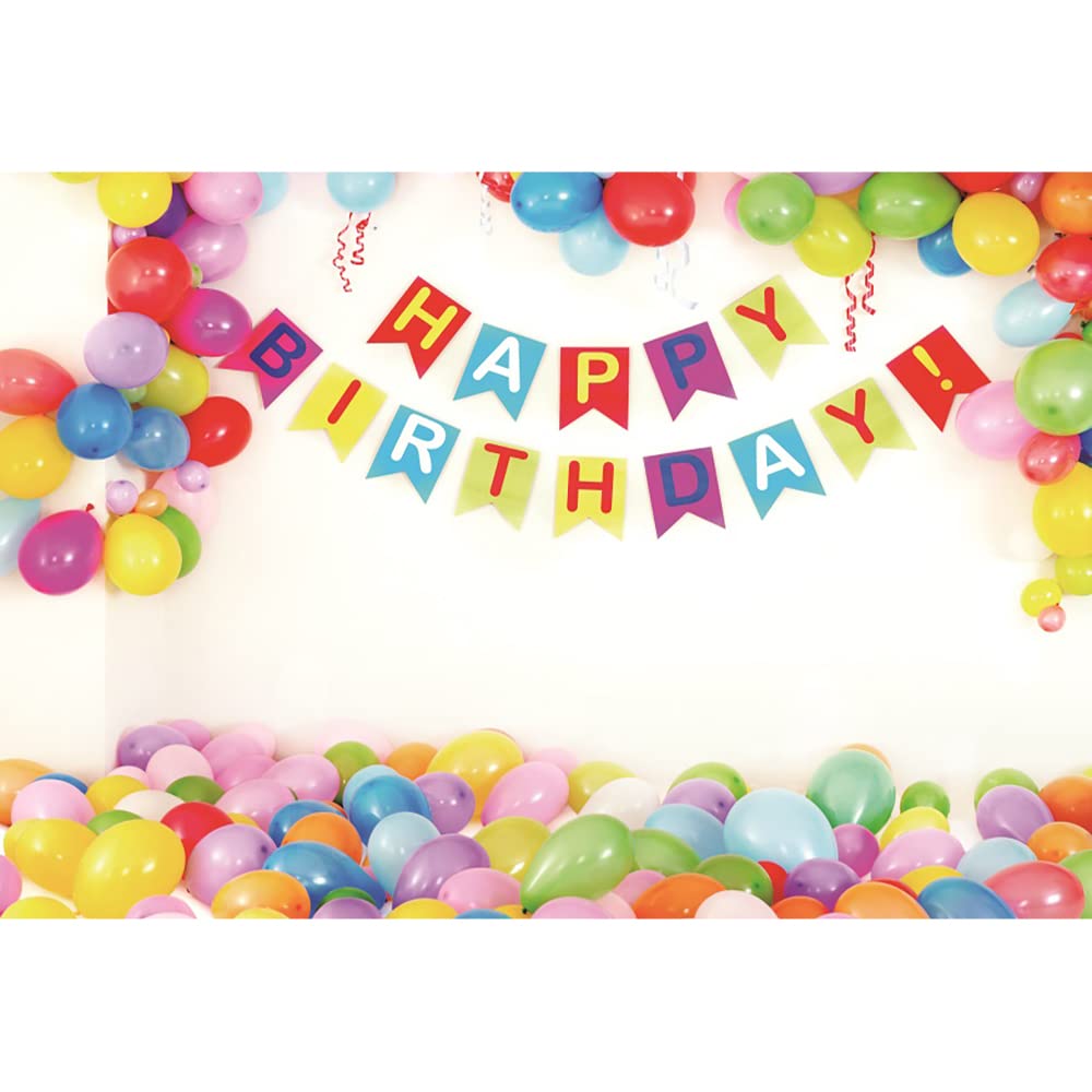 Aoihrraan 3,5x2,5m Happy Geburtstag Hintergrund Bunt Luftballons Farbband Weiß Wand Party Dekor Fotografie Hintergrund Neugeborene Kinder Geburtstag Feiern Baby Dusche Banner Kind Porträt Foto Prop