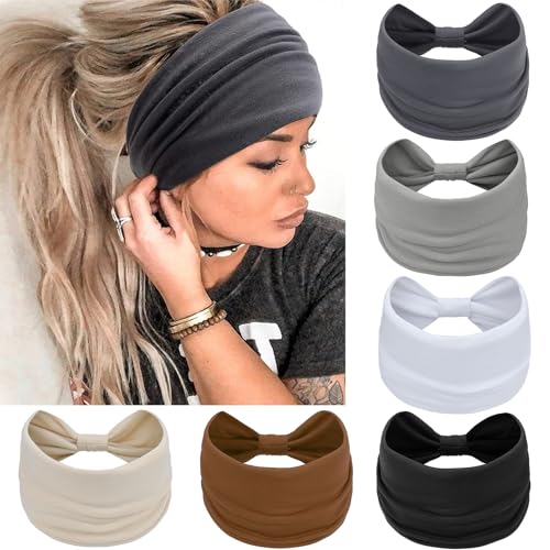 Image of AWUMBUK Wide Headbands for Women Knotted No Slip Head Bands Soft Turban Headband Hair Accessories Boho African Solid Color Head Wraps for Women Yoga Workout Pack of 6(Classic)