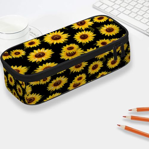 Image of Yekiua Sunflower Pen Bag Elegant Stylish Blossom Floral Large Pencil Case Big Capacity Pencil Pouch Pencil Holder Yellow Black