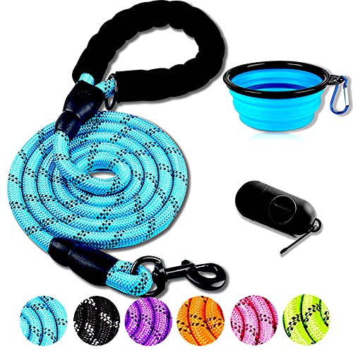 DOYOO 1 Pack Dog Leash 6 FT Thick Durable Nylon Dog Rope - Comfortable Padded Handle Reflective Rope Dog Leash for Medium Large Dogs with Collapsible Pet Bowl and Garbage Bags (1 Pack 6FT Blue)