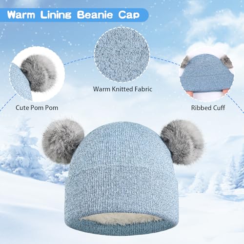 Kid Beanie Hat Scarf Gloves Set Warm Knit Beanie with Pom Poms Neck Warmer Mittens for Boys Girls 3-7 Years3