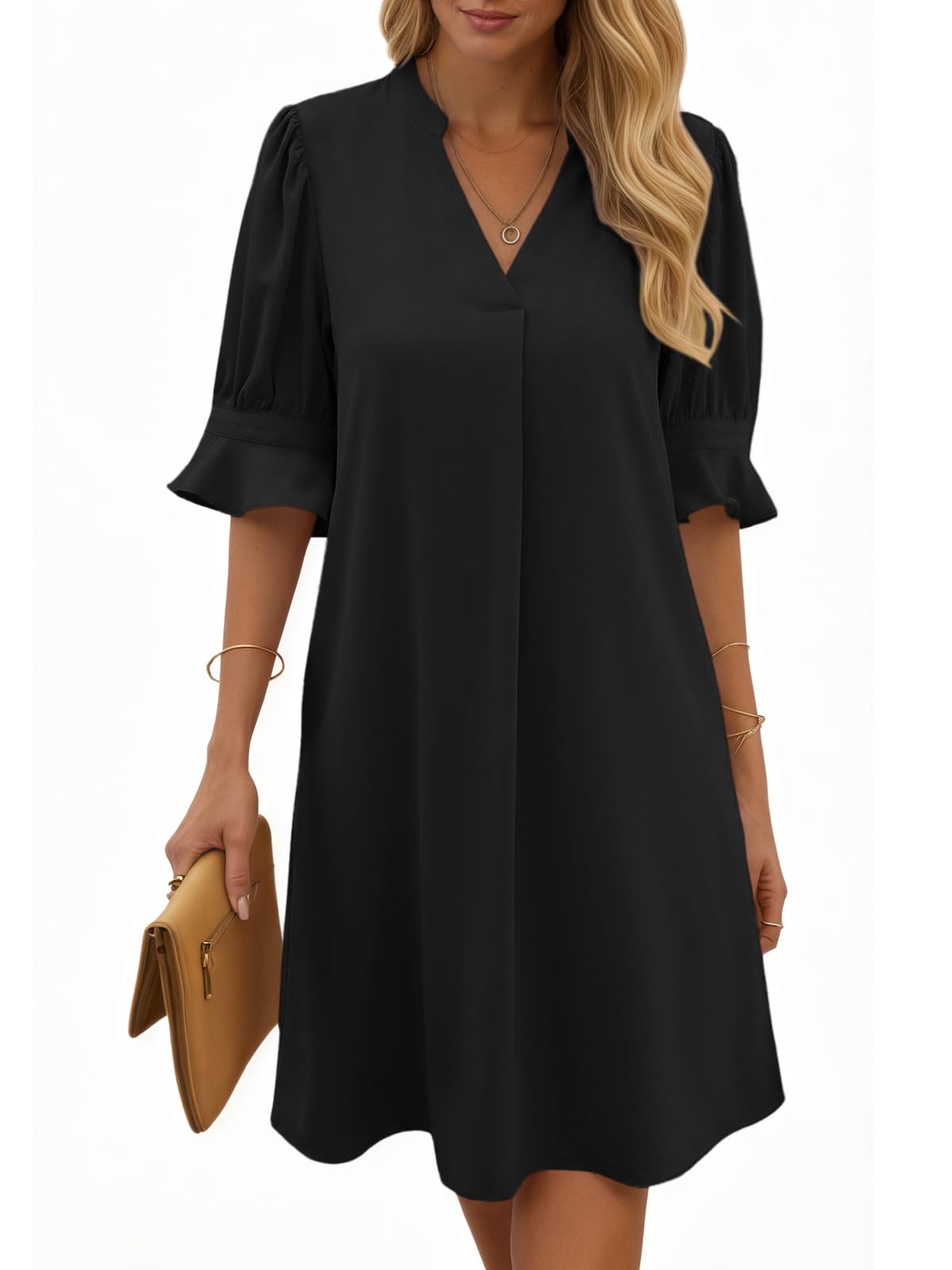 Cicy Bell Damen Sommerkleid Elegant Halbarm Hemdkleid V Ausschnitt Party Kleider Freizeitkleider Einfarbig Midikleid Casual A Linien Kurzes Kleid