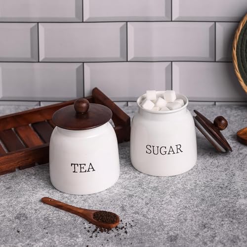 Image of Metallure Home Modern Kitchen Set | Air Tight Containers for Kitchen Storage | Tea Sugar Container Set of 2 | Wooden Lid Container | Food-Safe Metal Containers | Jar Container Set for Home (White)