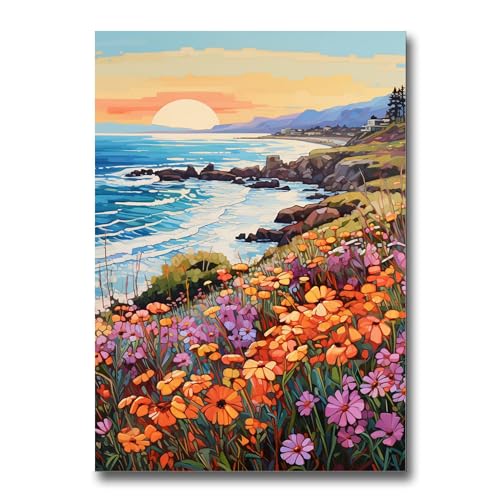 Colorful California Coast, Beach Illustration, Big Sur Prints, Poppy Illustration, California Landscape Travel Art, Wall Art, Decor -  StoreUSA9789