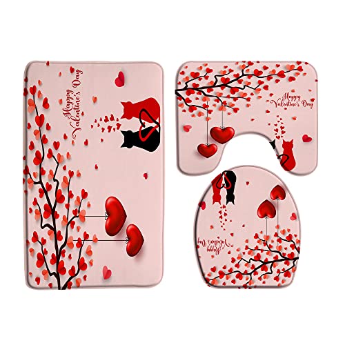 VPUPCN Valentine's Day 3 Pcs Bath Rugs Set,Red Love Heart Tree Cute Cat Kitten Sweet Romantic Creative Modern Simple Bathroom Kitchen Rug with 16