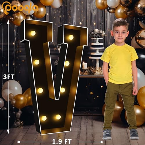Image of Pooqla 3FT Marquee Light Up Letters, Black Large Letter V Party Decorations | LED Marquee Letters 3 Feet Tall, Black Giant Mosaic Letters Gift for Boys Men Birthday Anniversary Wedding Decoration