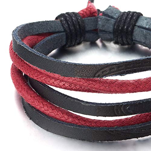 Coolsteelandbeyond Minimalist Mens Womens Multi-Strand Black Leather Red Cotton Rope Wristband Wrap Bracelet, Folk #TOP1