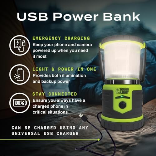Tough Light USB Rechargeable Camping Lantern, 400 Lumens LED Lantern, Hanging Tent Lamp, 6000mAh Power Bank, 200 Hour, 6 Modes, for Outdoors & Emergency