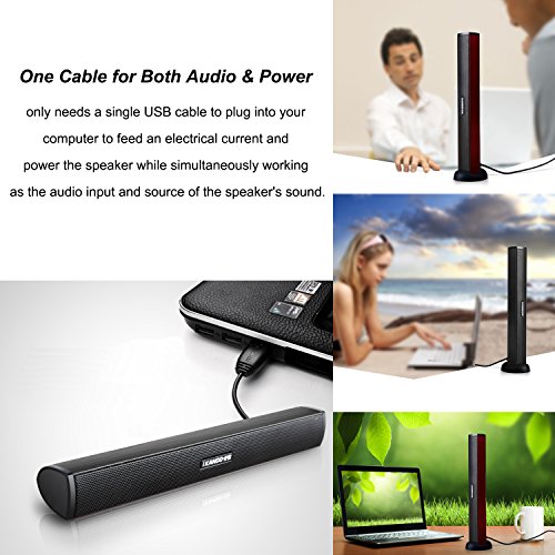 USB Powered Computer Stereo Speaker, Portable Mini Sound Bar for Windows PCs, Desktop Computer, Laptop - Black