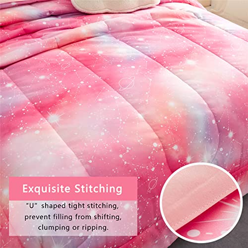 Pink Ombre Glitter Galaxy Comforter Set Queen Size For Girls, Sparkle Constellation Starry Sky Comforter For Kids Teen, 3Pc Soft Microfiber Bedding Sets With 2 Pillow Cases For All Season(Pink,Queen) #TOP4