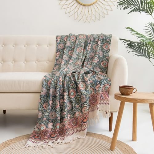 Image of Surajmukhi Flower Cotton Sofa Throw Blanket - Soft, Lightweight, Stylish Floral Pattern for Couch, Bed - Perfect for Home Decor & Cozy Comfort 50X70 Inches (Pack of 1)