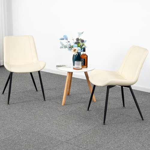 Brage Living Dining Chairs Set of 2, PU Leather Modern Armless Kitchen Dining Room Chairs, Upholstered Accent Side Chairs with Metal Legs (Cream)