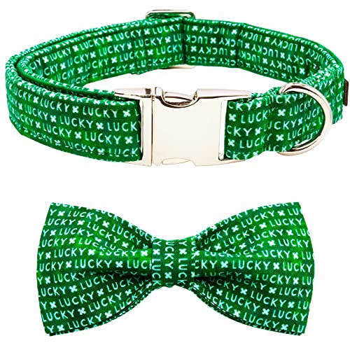 Lionet Paws St Patricks Day Dog Collar with Bowtie, Irish Green Shamrock Clover Lucky Bowtie Collar with Metal Buckle for Dogs Girl Boy, S, Neck 10-16 in