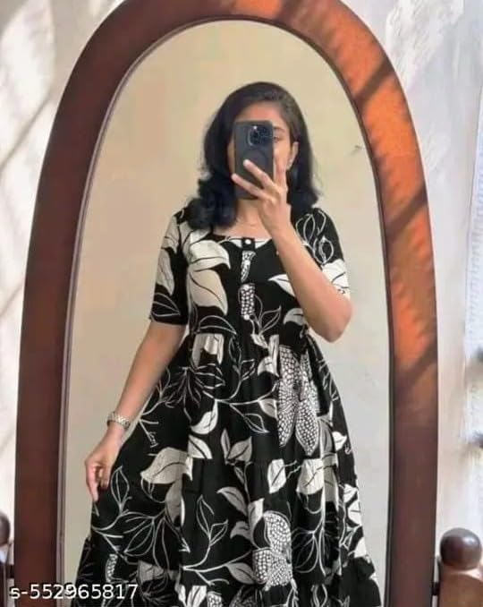 Image of Women's Rayon A-Line Midi Dress, Floral Print, Short Sleeves, Round Neck, Tiered Design