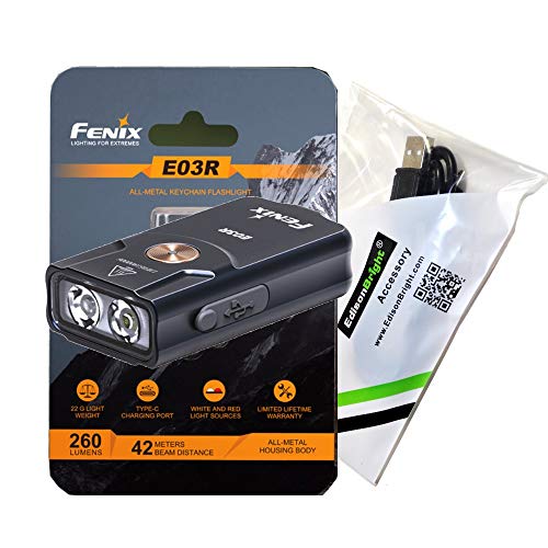 EdisonBright Fenix E03R USB Rechargeable 260 Lumen LED Keychain Flashlight, Brand USB Charging Cable Bundle