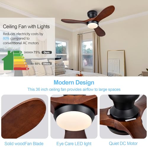 Image of 36 Inch Wood Flush Mount Ceiling Fans with Lights and Remote, Dimmable 3 Blade Wood Bedroom Ceiling Fan with Lights Low Profile Ceiling Fans with Light Outdoor Ceiling Fan for Patios Bedroom