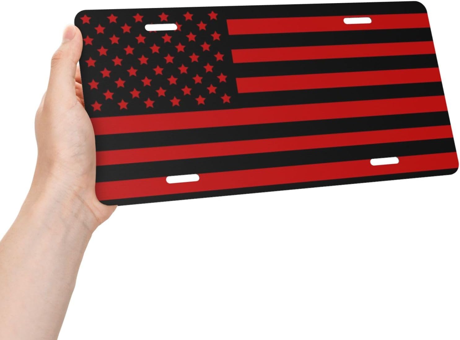 Black Red American Flag Aluminum License Plate 6 x 12 Inch Metal Car Front License Plate Cover Car Decor Accessory Novelty Vanity Decoration Tag with 4 Holes Gift for Men Women