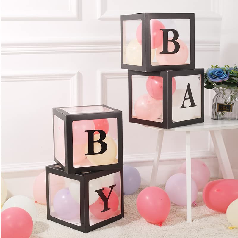Image of Sooyee Black Clear Baby Boxes with Letters for Baby Shower,Baby Shower Decorations Birthday Party, Transparent Ballon Boxes Backdrop, Gender Reveal,Reusable Favors, Baby Blocks
