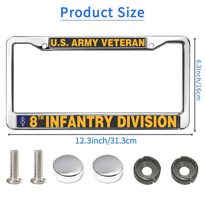 Image of US Army Veteran 8th Infantry Division License Plate Frame Metal Holder | US Army Veteran 8th Infantry Division License Plate Frame Heavy Duty Metal Tag Holder Cover Fit Standard US Auto Accessories