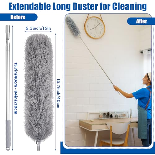 Wlich Feather Duster with 30-100 Inches Adjustable Long Pole,Extendable Feather Duster for Cleaning Ceiling Chandelier,Furniture, Blinds and Furniture