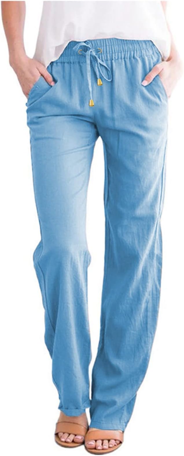 Women Linen Long Pants Solid Elastic Waist Pants Drawstring Wide Leg Trousers Casual Daily Crop Pants