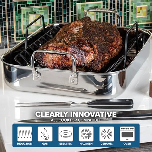 Image of Viking 3-Ply Stainless Steel Roasting Pan with Nonstick Rack and Carving Set, 16 x 13 Inch Kitchen Cookware, Great for Turkey, Dishwasher and Oven Safe, Induction Ready, SIlver