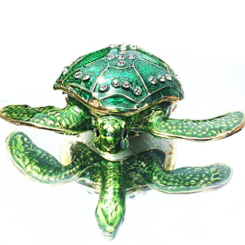 Waltz&F Sea Turtle Crystal Studded Pewter Jewelry Trinket Box Bejeweled Hand-painted Ring Holder Mother`s day Gift