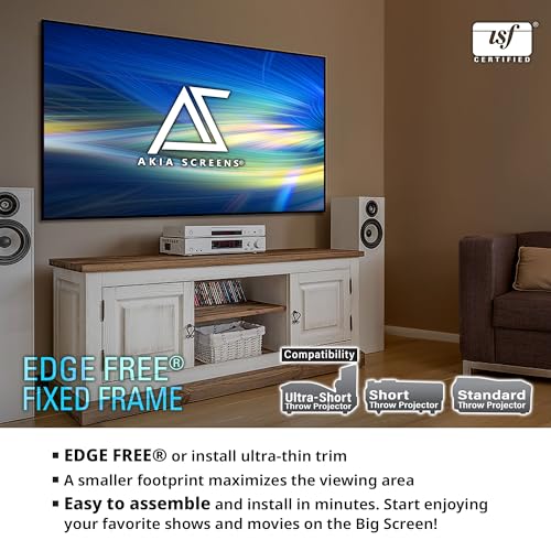 Image of Akia Screens 145 Inch Edge Free Fixed Frame Projector Screen 16:9 8K 4K Ultra HD 3D Ready CINEWHITE UHD-B 1.3 Gain Wall Mounted Indoor Home Theater Screen for Projector - AK-NB145H.