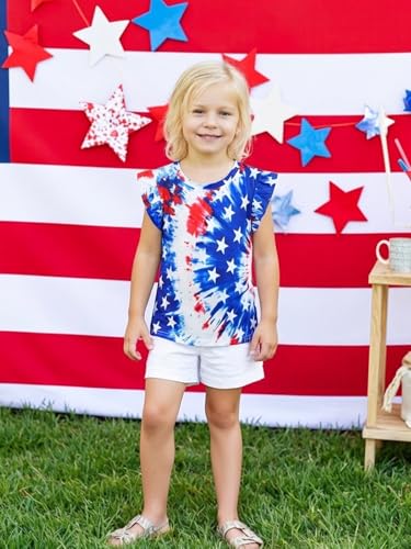 Image of Toddler Girls July 4th Shirts American Flag Ruffle Short Sleeve Patriotic Red White Blue Star Outfits Blouse Tops