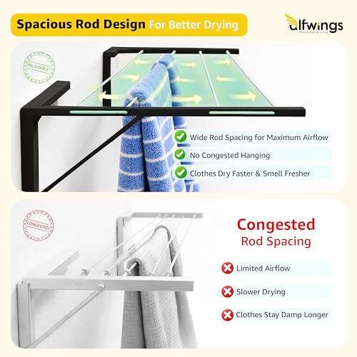 Image of Foldable Wall Mount Cloth Drying Stand | Heavy Load Capacity: Up to150 Kg | Dress Drying Hanger and Rope Metal Pipe | for Indoor, Outdoor and Balcony | (Black, Pack of 2)