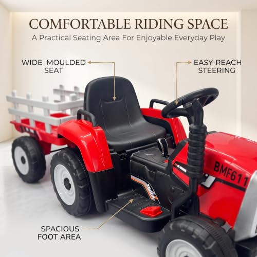 Image of WISHMASTER Kids Electric Ride-On Tractor 12V Battery Operated with Detachable Trailer, Parent Remote Control, Music, USB, LED Lights Toys for Boys & Girls 3-8 Years