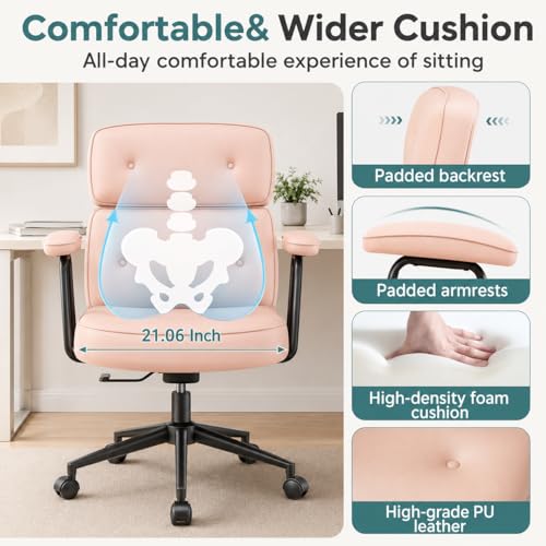Image of Ergonomic Home Office Desk Chair, PU Leather Computer Chair with Lumbar Support, Adjustable Height, 360 Swivel Rolling Wheels, Executive Task Chair for Office, Gaming, Meeting Room, Pink