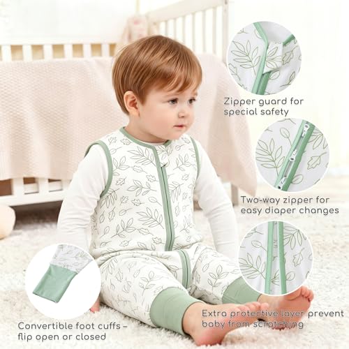 Image of Chilsuessy Toddler Sleep Sack with Feet 6-18 Months, 0.5 TOG Cotton Baby Wearable Blanket with Legs, Sleep Bag Walker with 2-Way Zipper, White Leaf