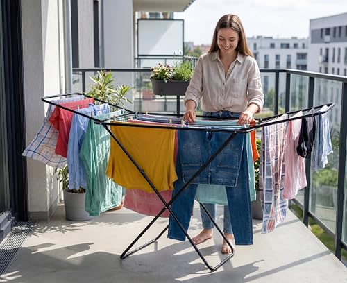 Image of Foldable Clothes Drying Rack, Black Metal Frame, X-Shape Design, Indoor Outdoor Laundry Stand Black Color