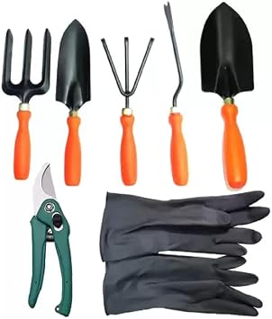 JetFire Gardening Tools Set of 5 with Pruner & Multipurpose Gloves Black Garden Tool Kit (7 Tools)