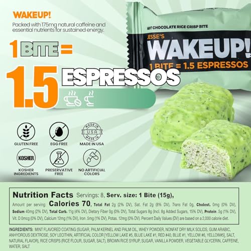 Image of WAKE UP! Mint Chocolate Caffeinated Protein Bites (1 Bite = 1.5 Espressos) 175mg Clean Caffeine for Energy, Focus & Happy Mornings Gluten-Free, Kosher Ingredients, Vegetarian, Free Energy 4 Pack (32 Bites)