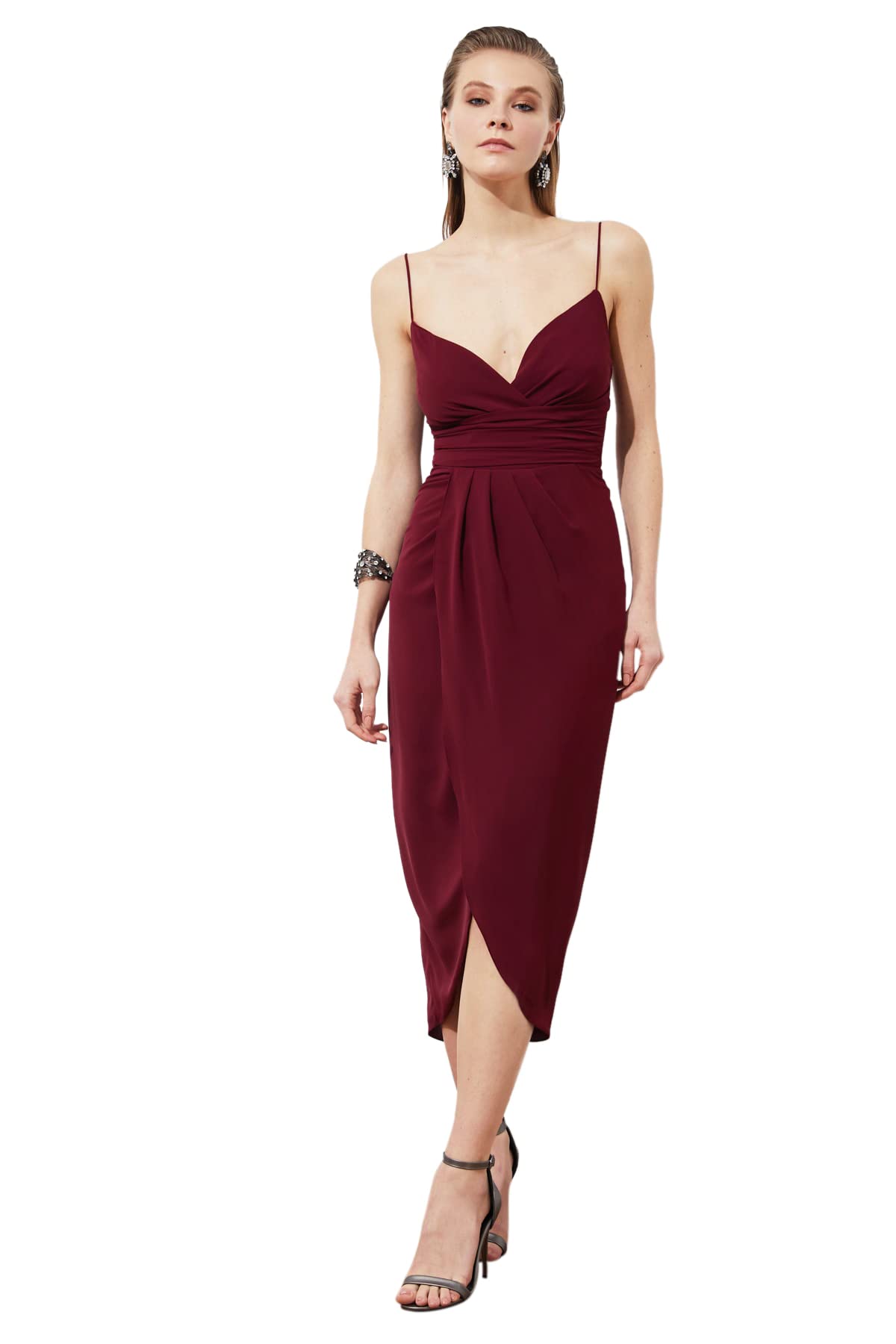 Trendyol Women's Midi Wrapover Regular Fit Woven Dress, Burgundy, 10